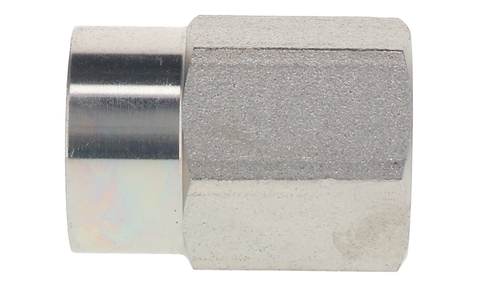 Steel BSPP female × NPTF female adapter, zinc-plated steel, side view