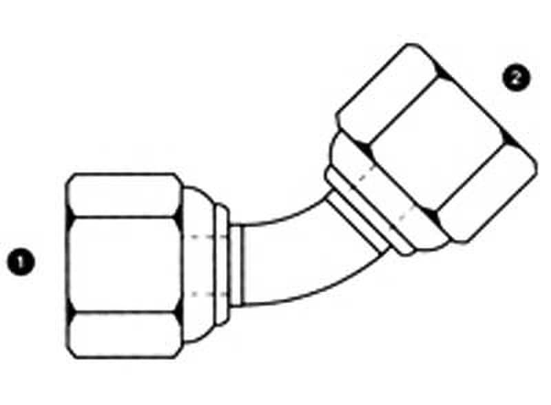 Line drawing of the steel BSPP female swivel 45° elbow