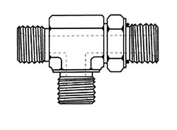 Line drawing of the steel BSPP male × ORB adjustable run tee