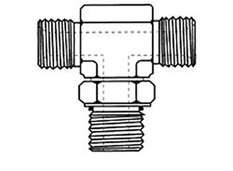 Line drawing of the steel BSPP male × ORB adjustable branch tee