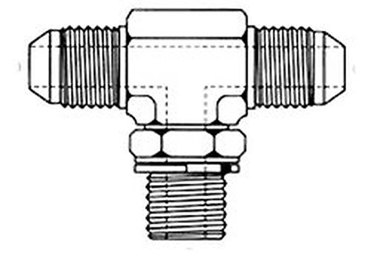Line drawing of the steel JIC 37° male × BSPP adjustable branch tee