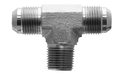 Steel JIC 37° male × BSPT male branch tee, angled view