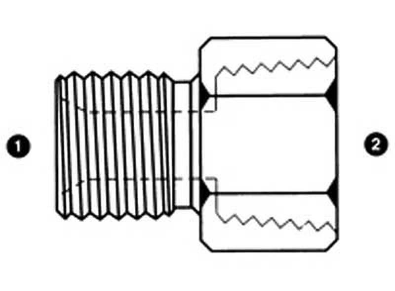 Line drawing of the steel metric male × NPTF female adapter