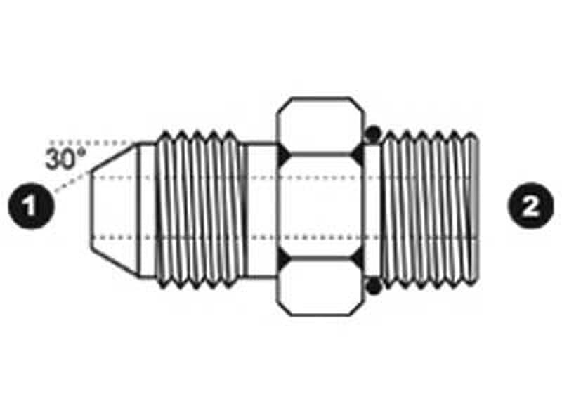 Line drawing of the steel JIS 30° male × ORB male adapter