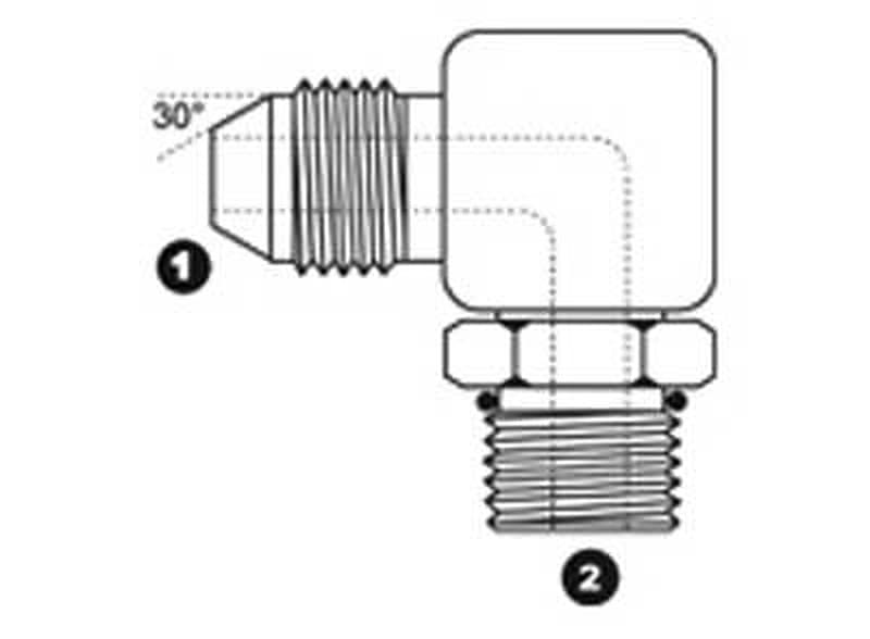 Line drawing of the steel JIS 30° male × ORB adjustable 90° elbow