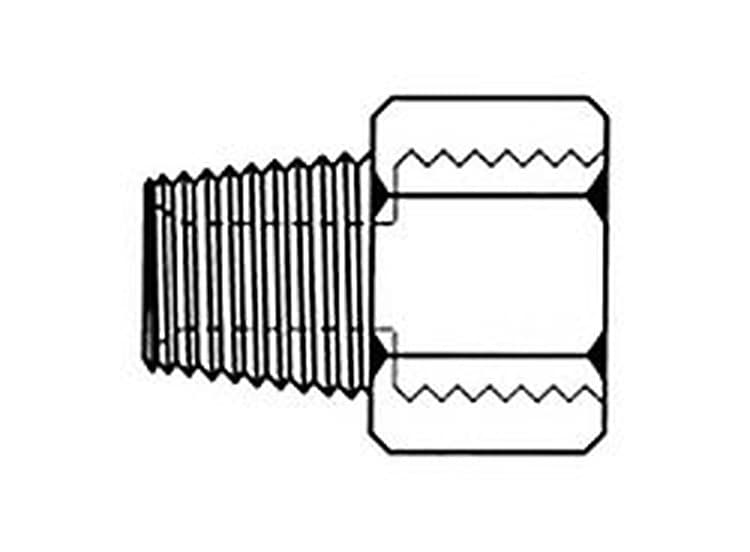 Line drawing of the steel NPTF male × metric female adapter