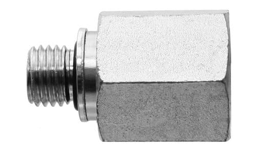 Steel metric dual-purpose male (port or 24° tube) × NPTF female adapter, L series, angled view