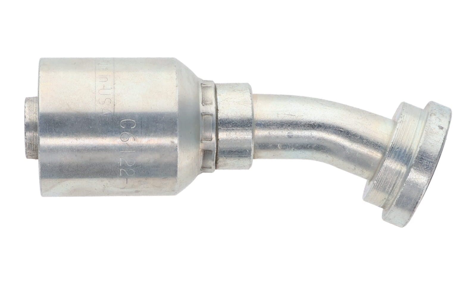 BW Series Crimp Hose Fitting, SAE Code 61 Flange, 22° Bend, side view