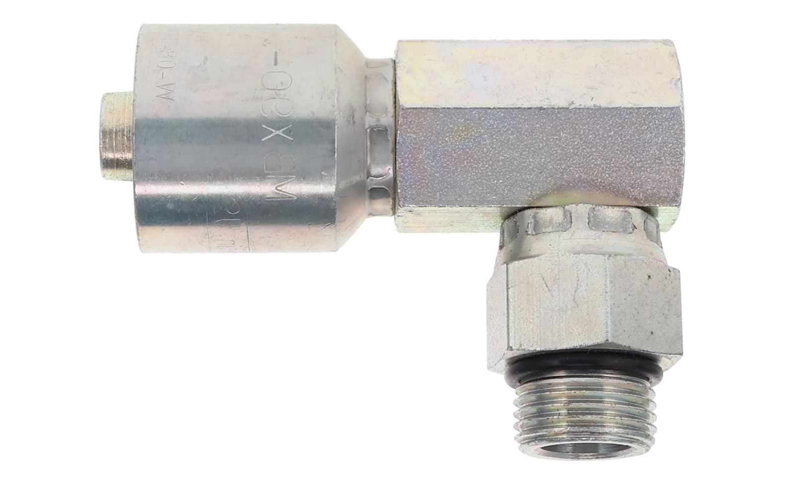 BW Series Crimp Hose Fitting × ORB Male Swivel, 90° Block, side view