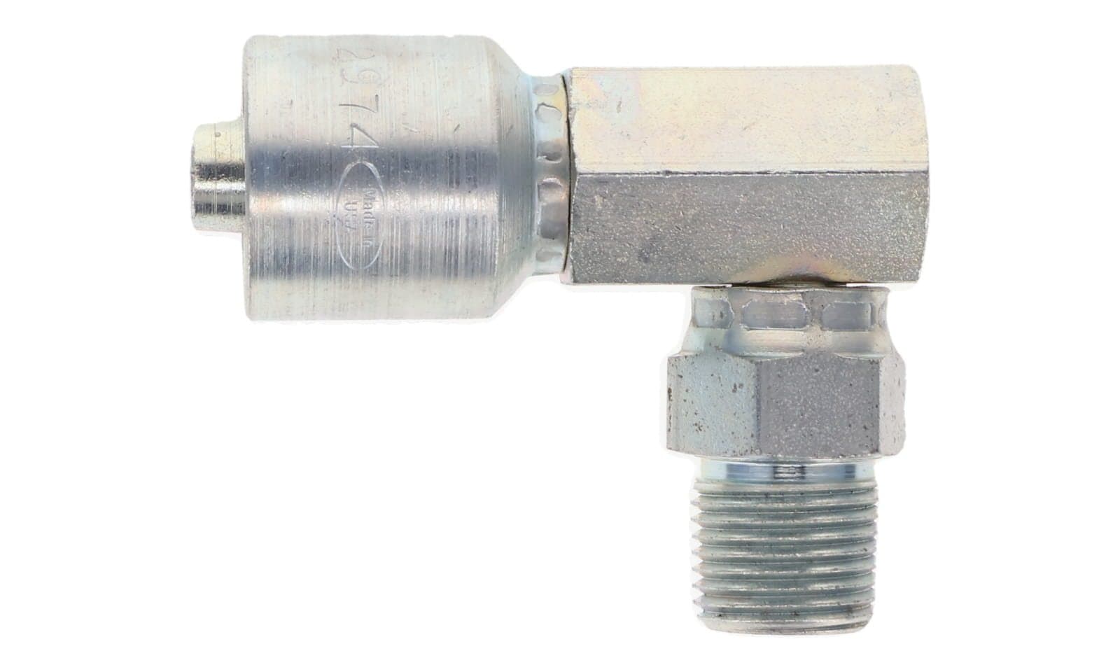 BW Series Crimp Hose Fitting × NPTF Male Swivel 90°, side view