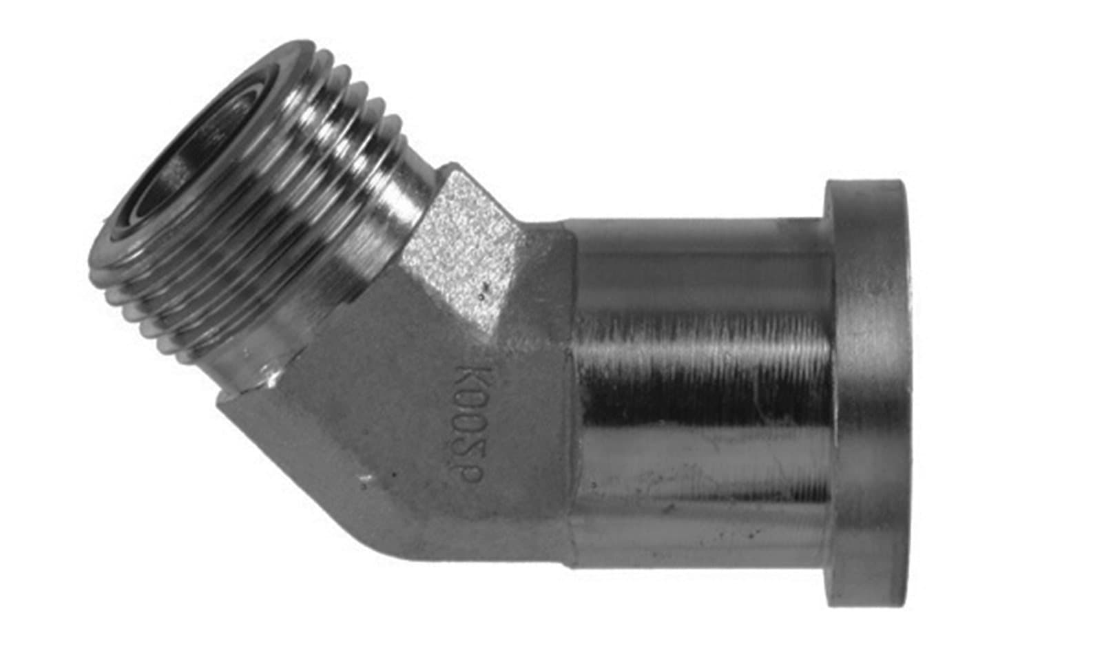 Zinc-plated steel ORFS Male x Code 62 Flange 45° Elbow, side view