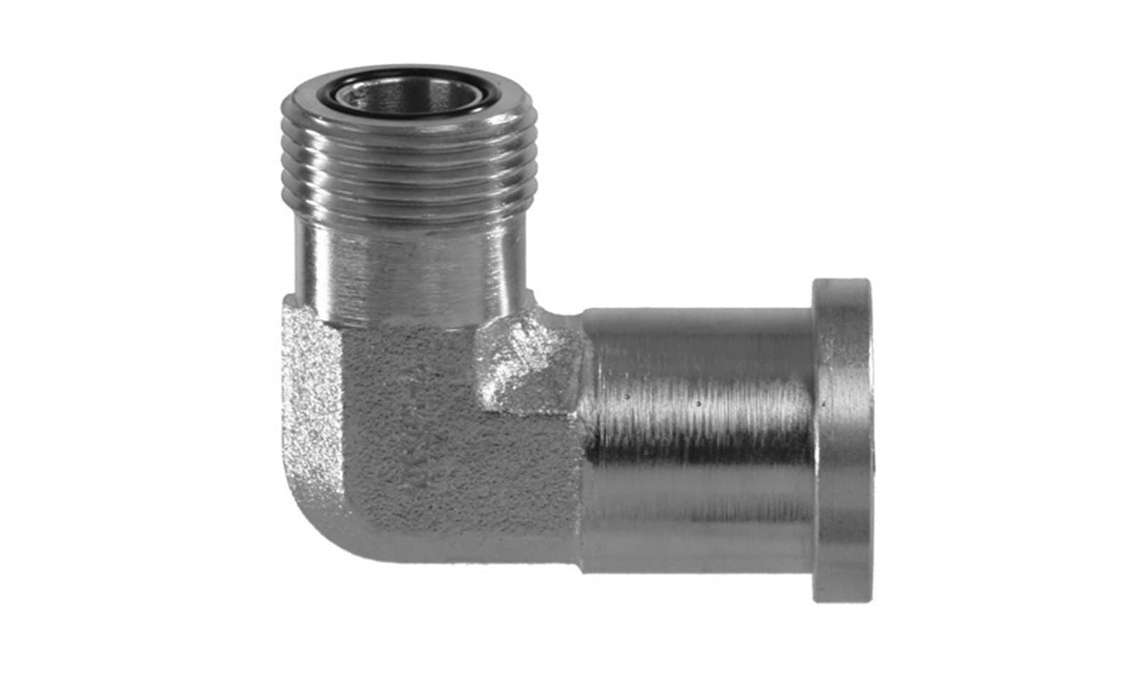 Zinc-plated steel ORFS Male x Code 62 Flange 90° Elbow, side view