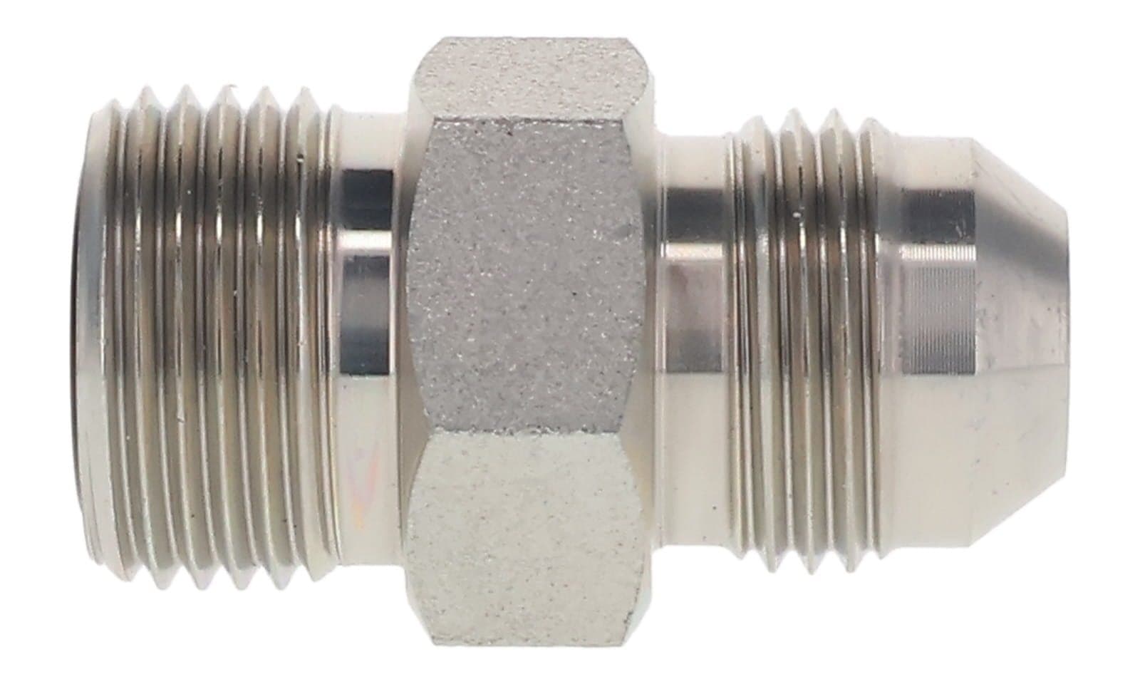 Steel ORFS male × JIC 37° male adapter, zinc-plated steel, side view