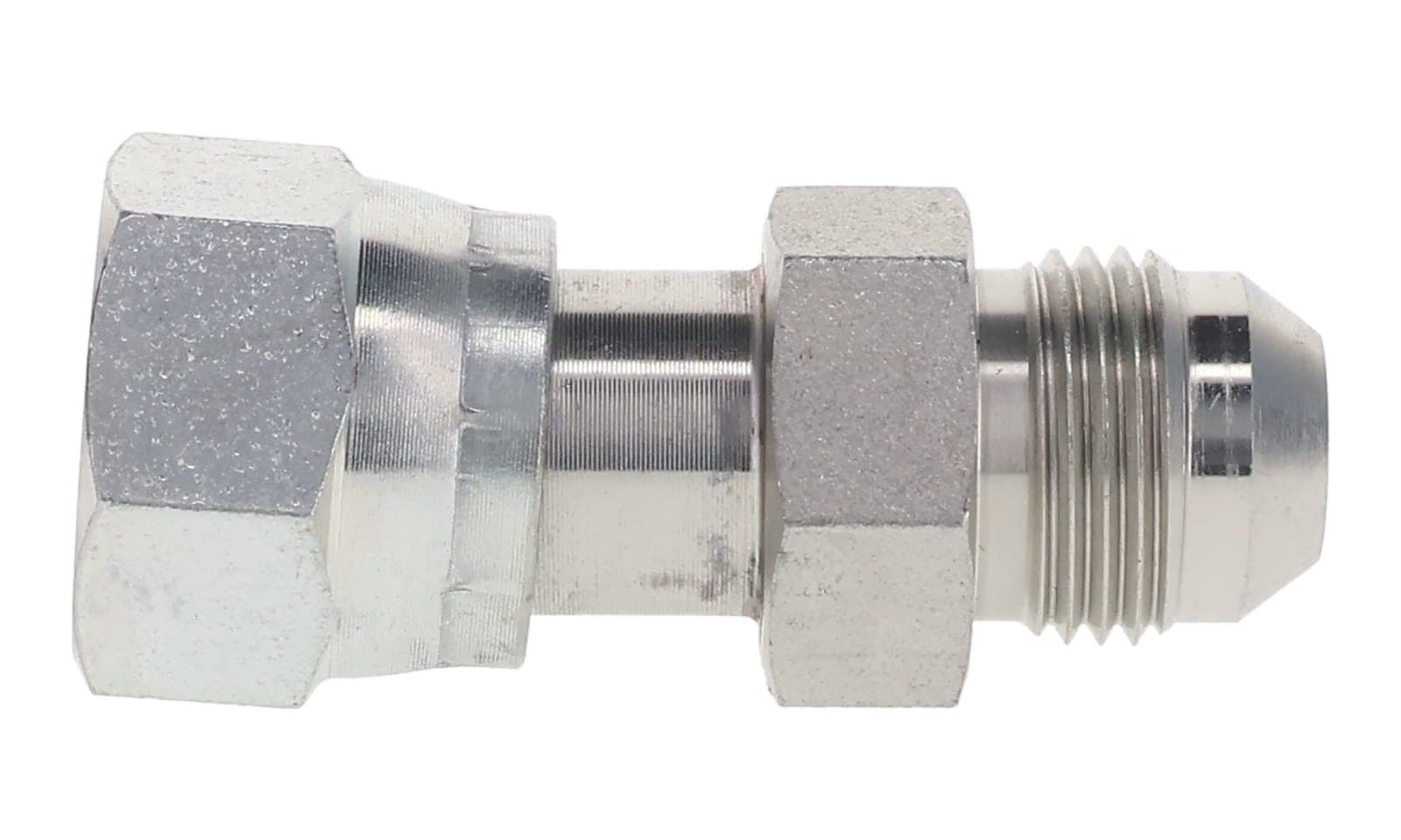 Steel ORFS female swivel × JIC 37° male adapter, zinc-plated steel, side view