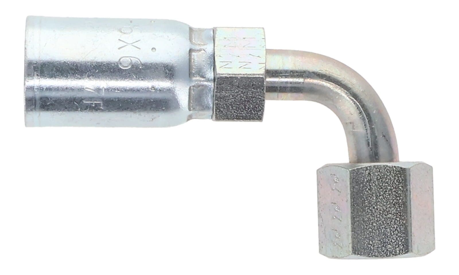 R5 Textile-Cover Hose End × JIC 37° Female Swivel 90°, side view
