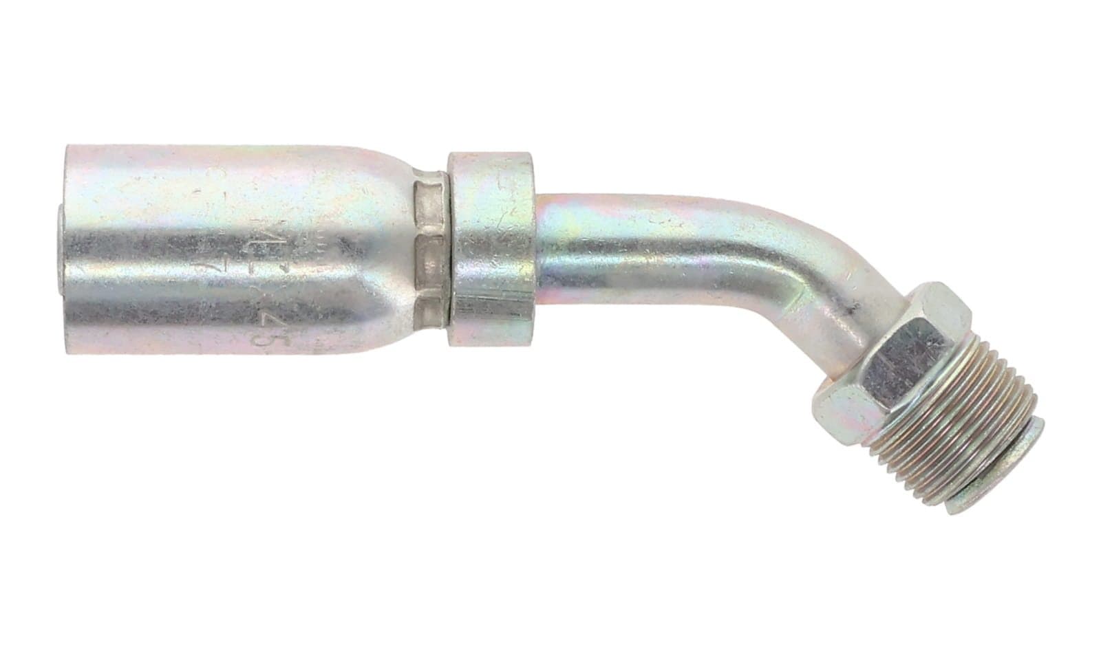 R5 Textile-Cover Hose End × Inverted Flare Male Swivel 45°, side view