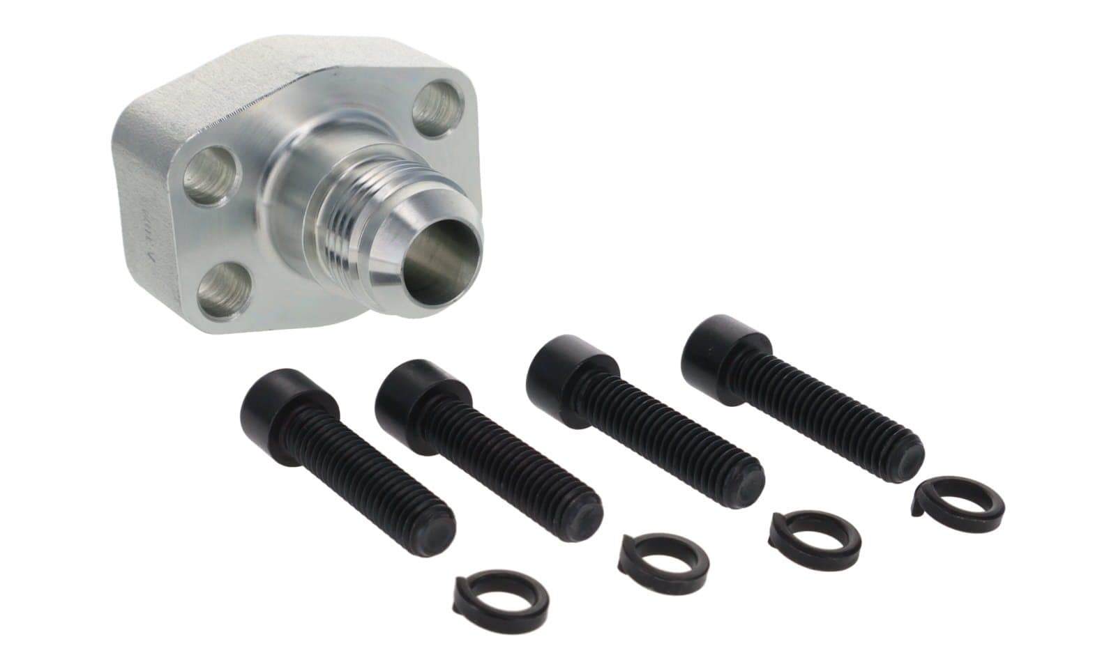 Steel JIC 37° male × SAE Code 61 flange pad adapter, zinc-plated steel, top view