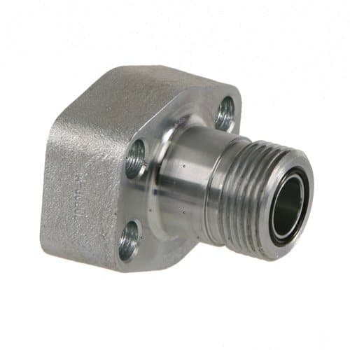 Steel ORFS male × SAE Code 61 flange pad adapter, angled view
