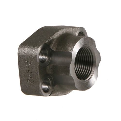 Steel NPTF female × SAE Code 61 flange pad adapter, angled view