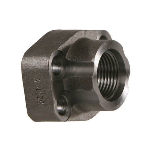 Steel ORB female × SAE Code 61 flange pad adapter, angled view