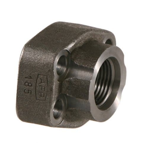 Steel ORB female × SAE Code 62 flange pad adapter, angled view