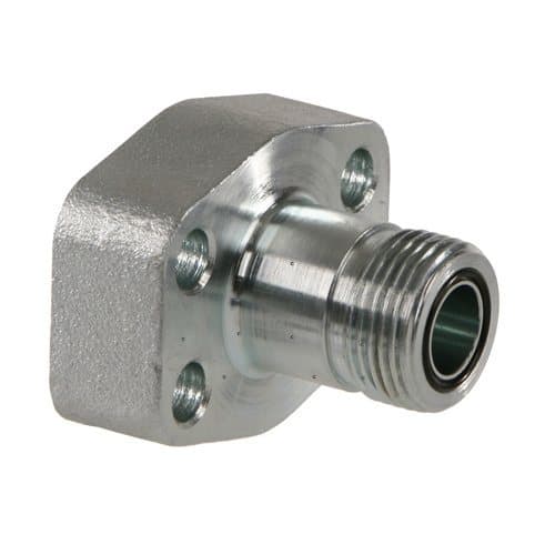 Steel ORFS male × SAE Code 62 flange pad adapter, angled view