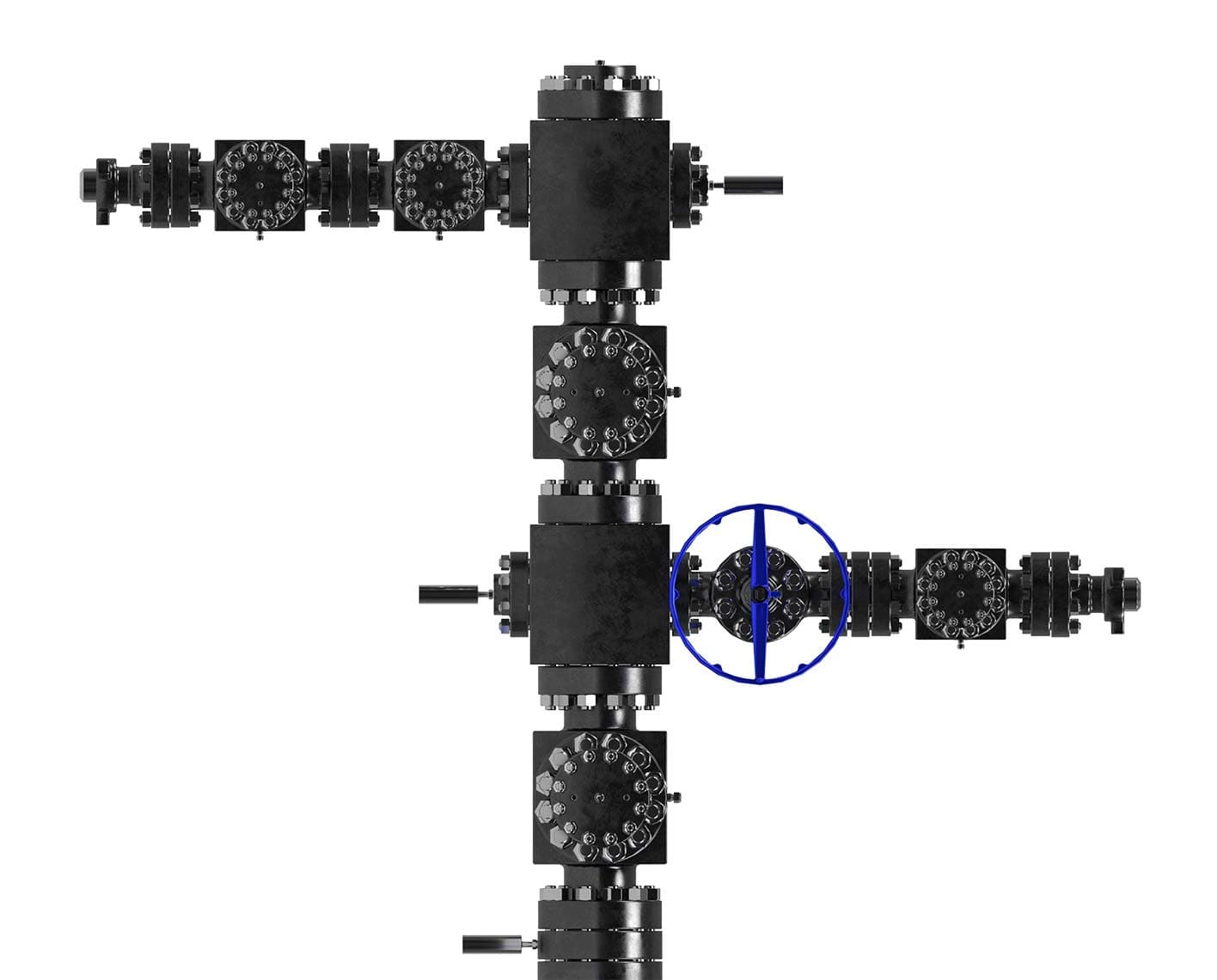 Line drawing of a frac surface test tree with flanged valves, API 6BX 10K