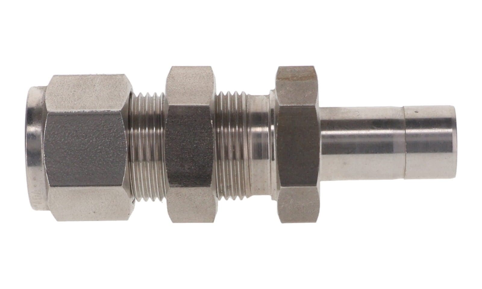 316 stainless double ferrule bulkhead reducer, tube × tube stub, 316L, side view