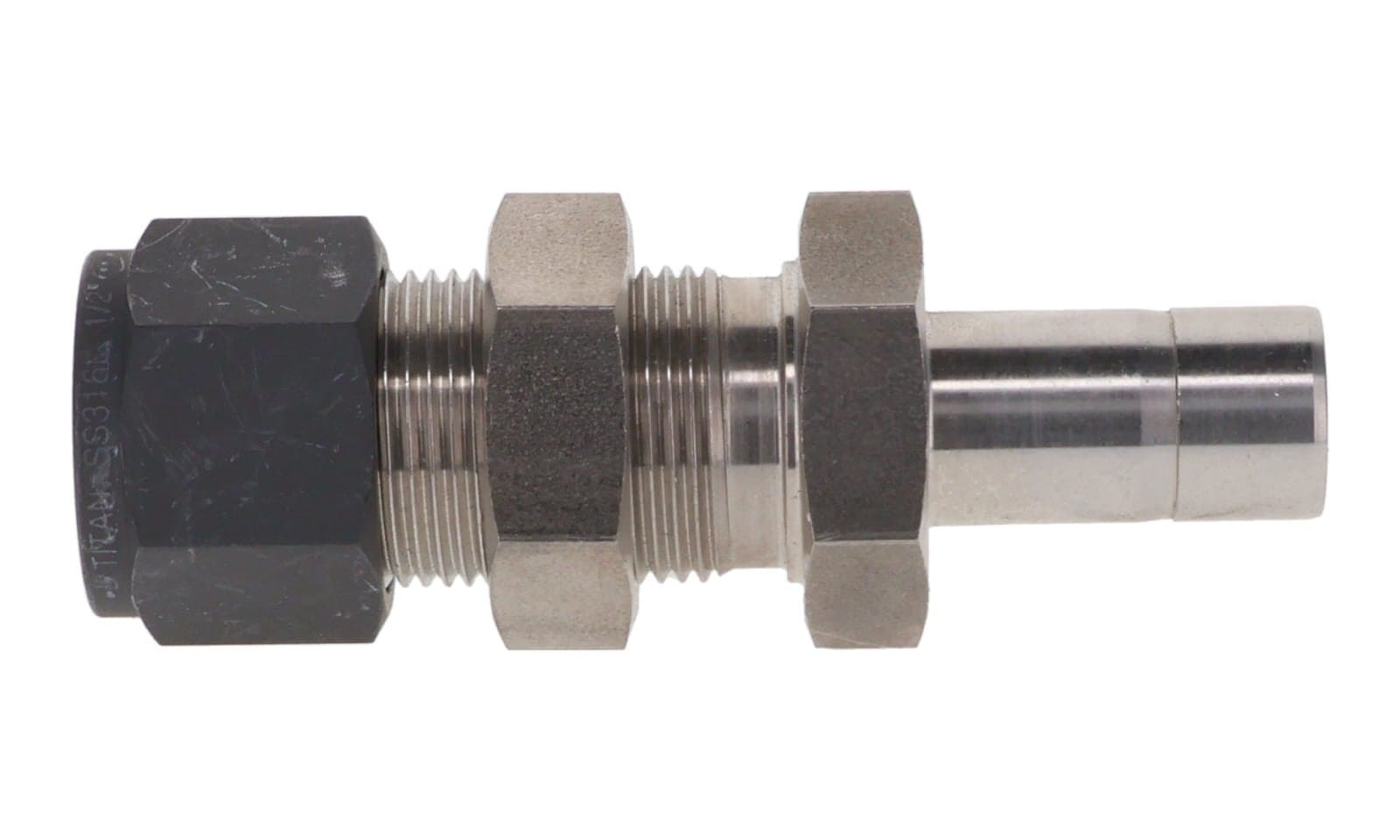 316 stainless single ferrule bulkhead reducer, tube × tube stub, 316L, side view
