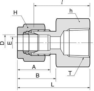 Dimension drawing of the 316 stainless double ferrule female connector, tube × NPT female, lettered for the size table