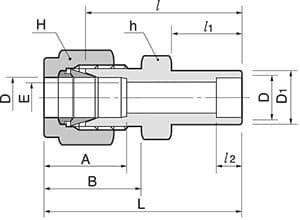 Dimension drawing of the 316 stainless double ferrule socket weld connector, tube × socket weld, lettered for the size table