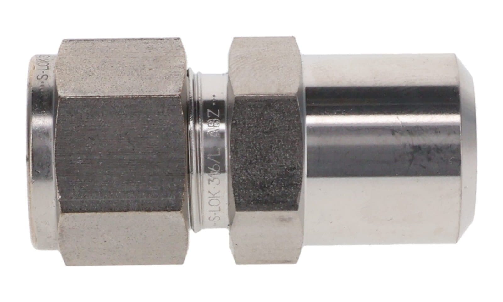 316 stainless double ferrule male pipe weld connector, tube × pipe weld, 316L, side view