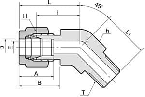 Dimension drawing of the 316 stainless single ferrule male 45° elbow, tube × NPT male, lettered for the size table