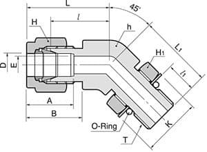 Dimension drawing of the 316 stainless single ferrule positionable 45° elbow, tube × SAE straight thread male