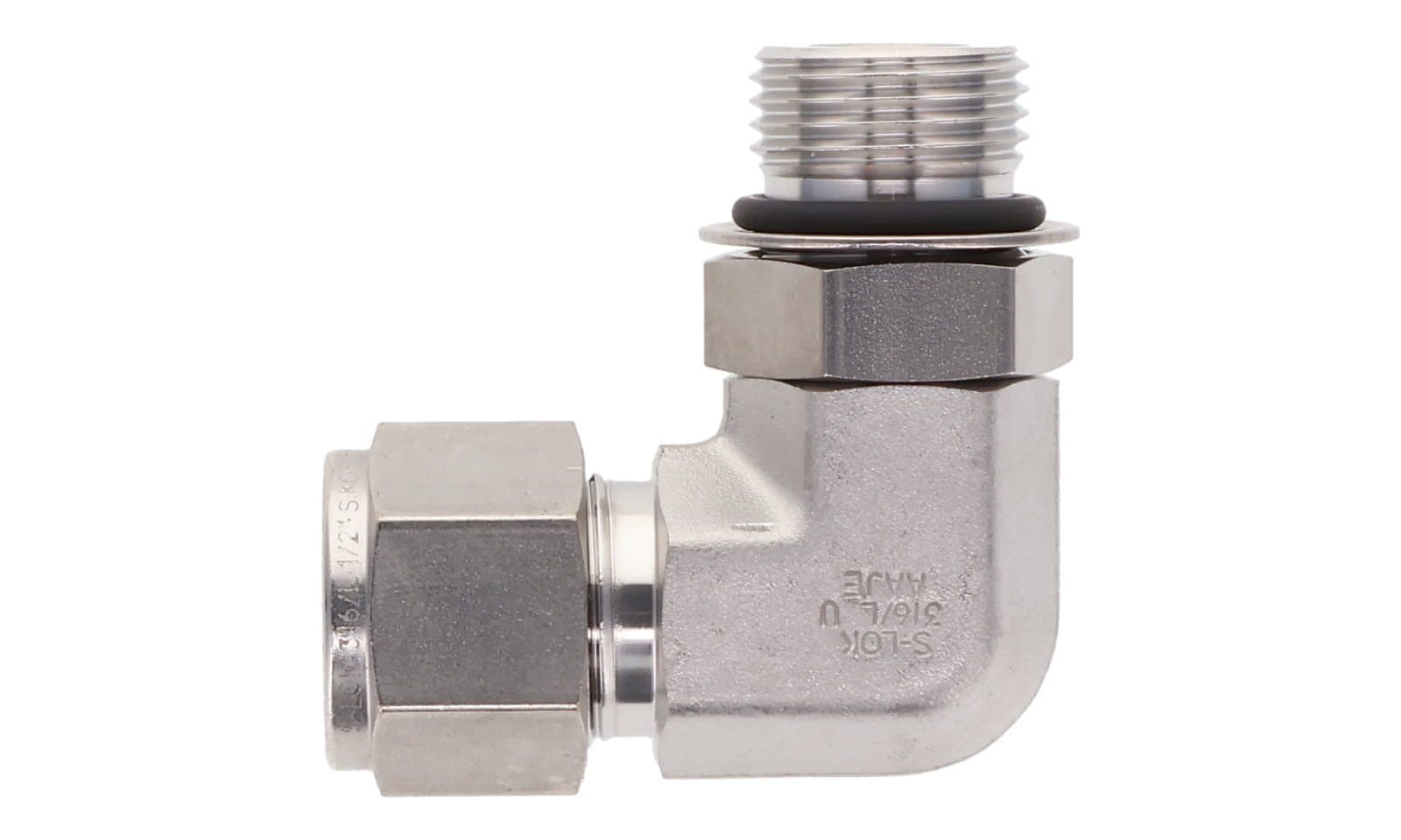 316 stainless double ferrule positionable 90° elbow, tube × SAE straight thread male, 316L, top view