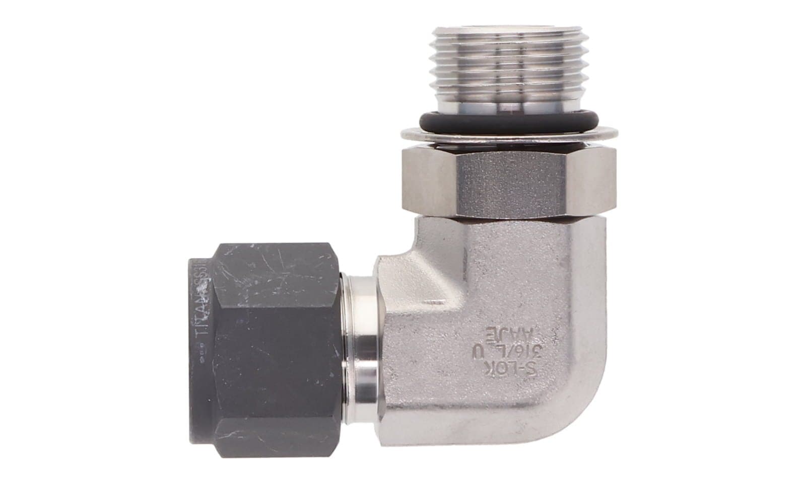 316 stainless single ferrule positionable 90° elbow, tube × SAE straight thread male, 316L, top view