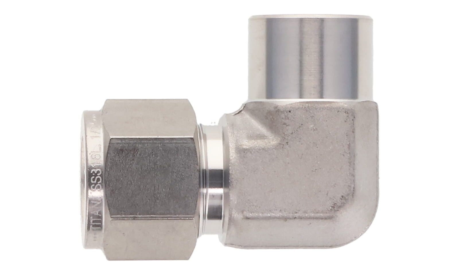 316 stainless double ferrule socket weld 90° elbow, tube × socket weld, 316L, top view