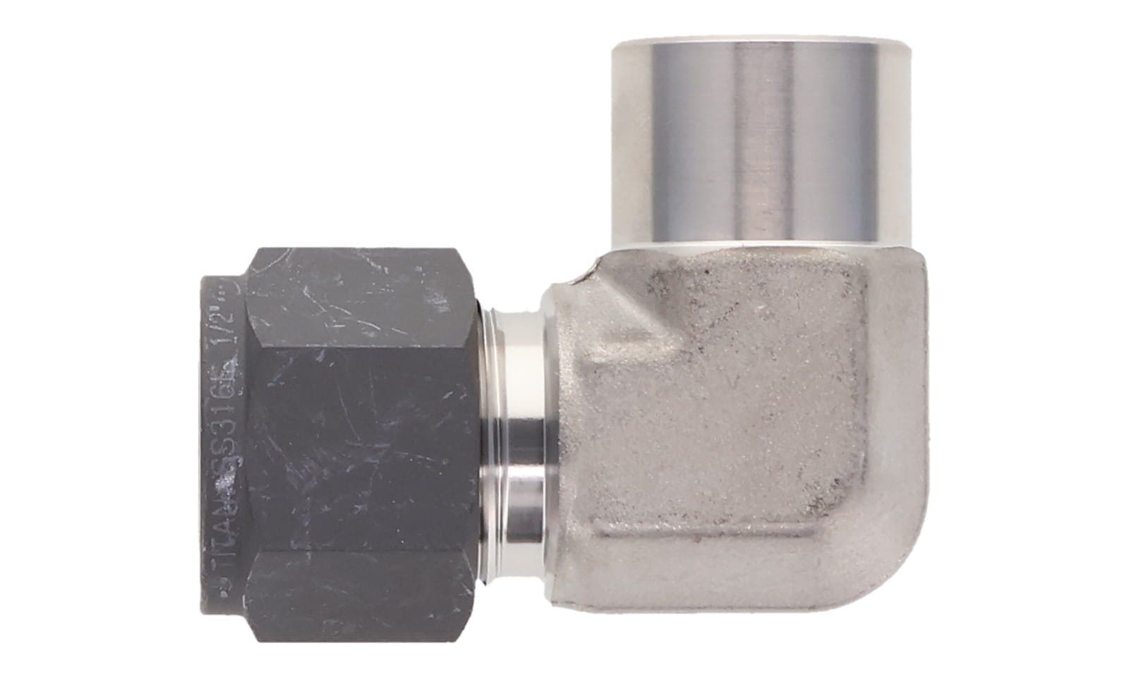 316 stainless single ferrule socket weld 90° elbow, tube × socket weld, 316L, top view
