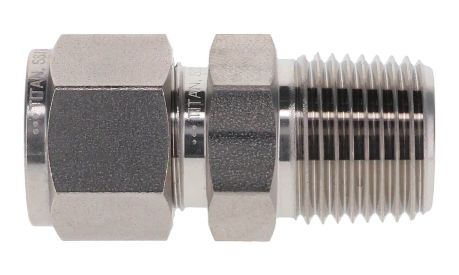 316 stainless double ferrule male connector, tube × NPT male, 316L, side view