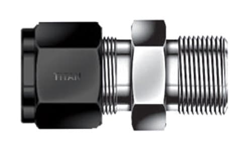 316 stainless single ferrule male connector, metric tube × BSPT male, 316L, side view