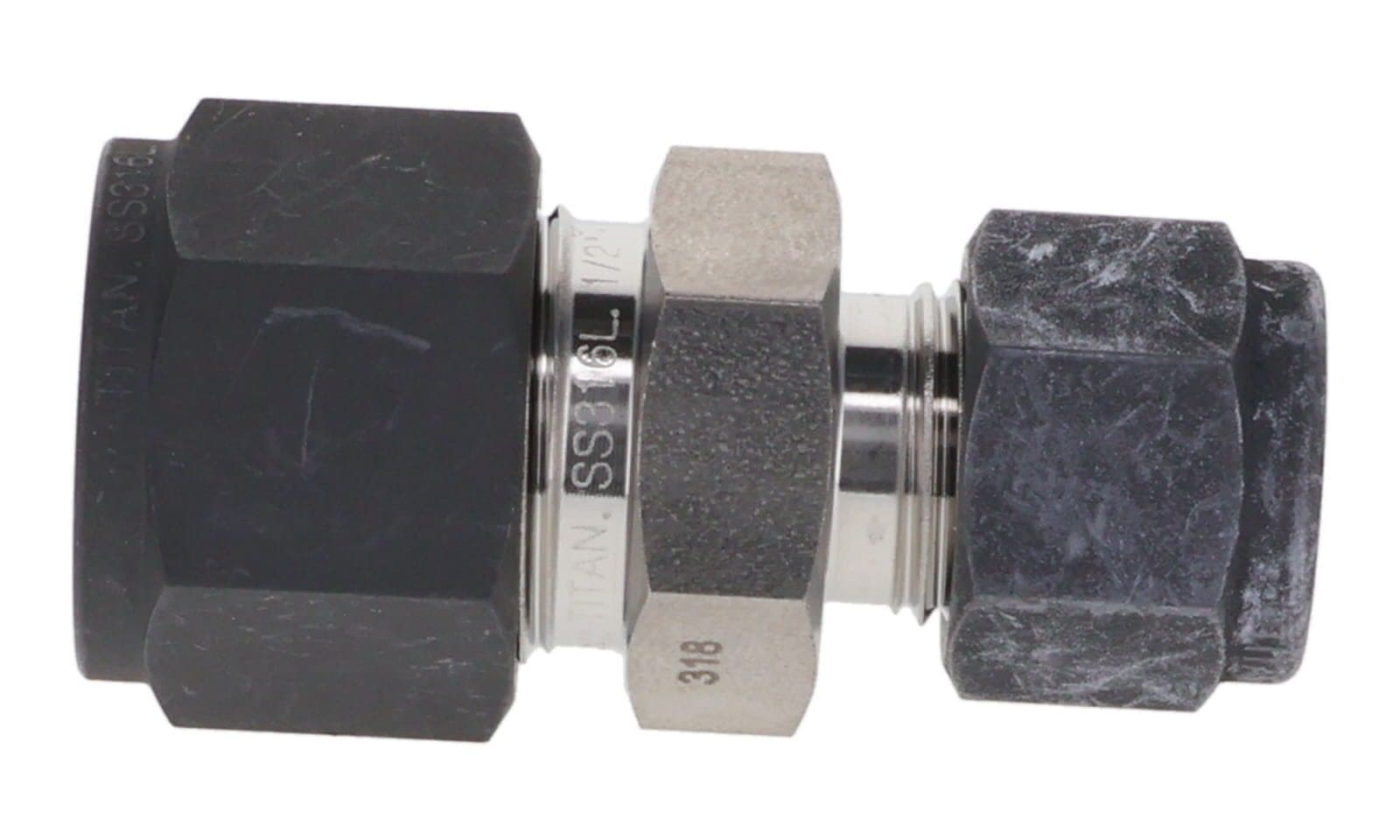 316 stainless single ferrule reducing union, 316L, side view