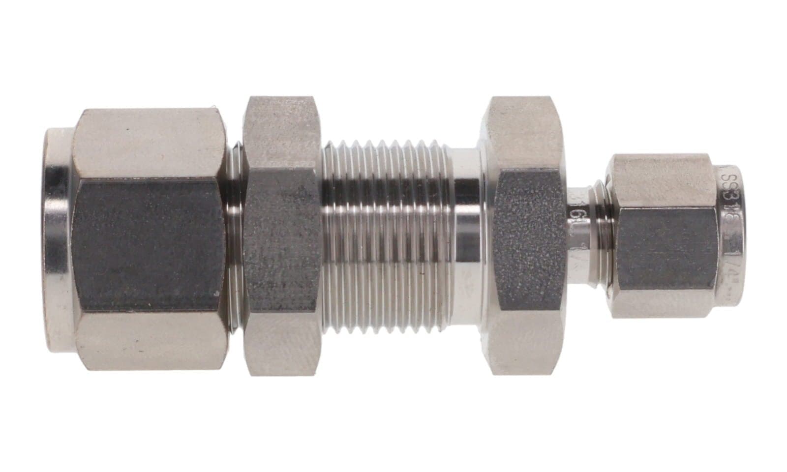 316 stainless double ferrule bulkhead reducing union, 316L, side view