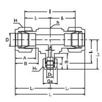 Dimension drawing of the 316 stainless double ferrule reducing union tee, lettered for the size table