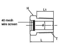 Dimension drawing of the 316 stainless double ferrule vent protector, NPT male, lettered for the size table