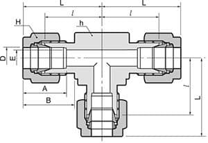 Dimension drawing of the 316 stainless single ferrule union tee, lettered for the size table