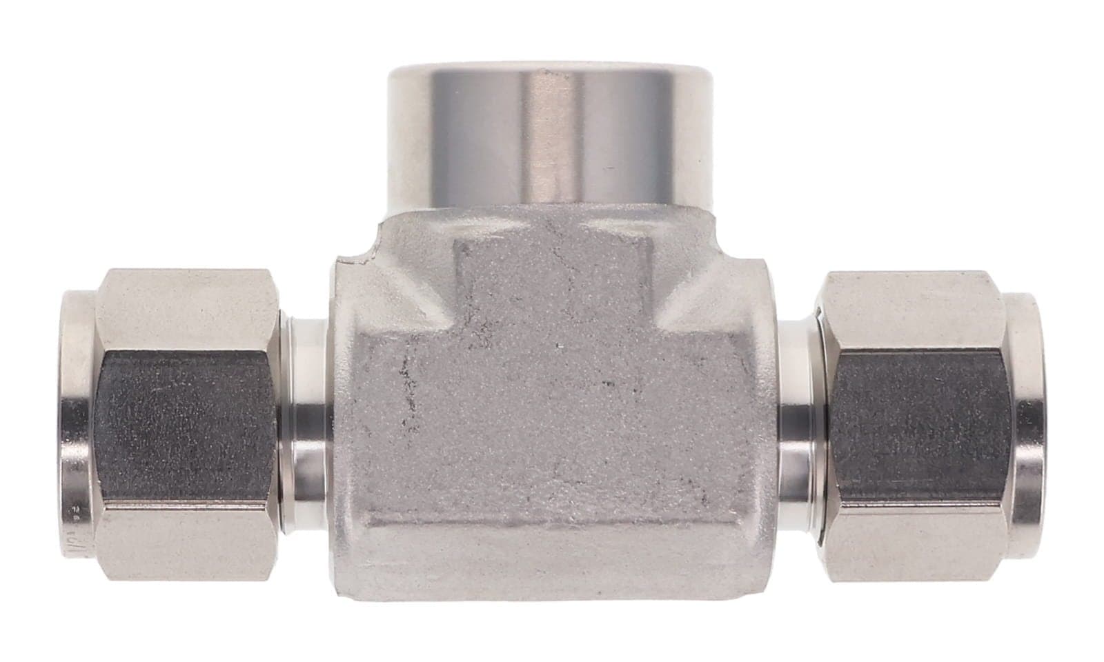 316 stainless double ferrule female branch tee, tube × NPT female, 316L, top view