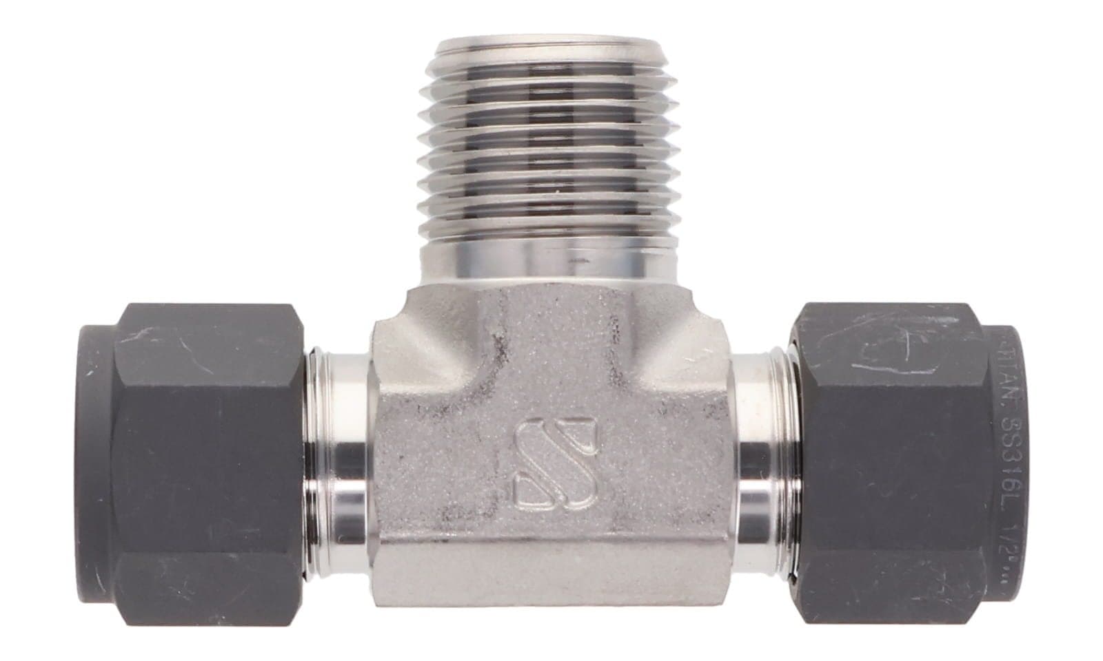 316 stainless single ferrule male branch tee, tube × NPT male, stainless, top view