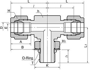 Dimension drawing of the 316 stainless double ferrule positionable branch tee, tube × SAE straight thread male