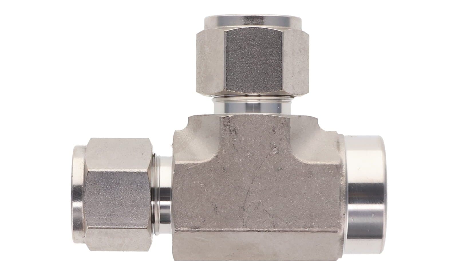 316 stainless double ferrule female run tee, tube × NPT female, 316L, top view