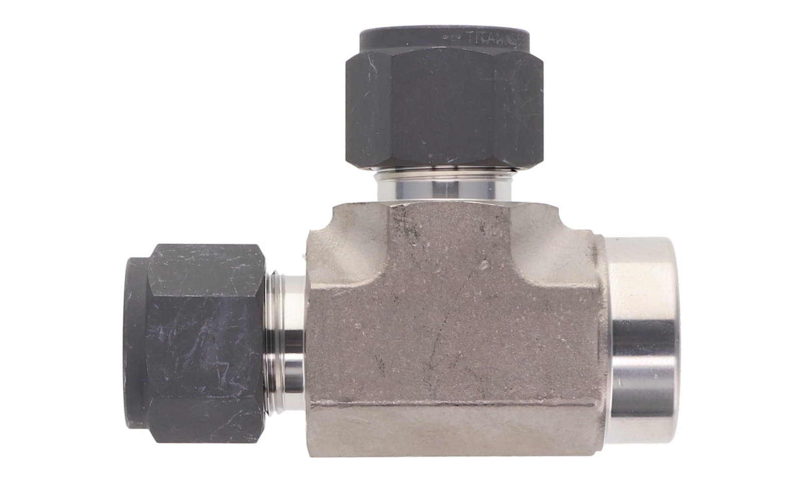 316 stainless single ferrule female run tee, tube × NPT female, 316L, top view
